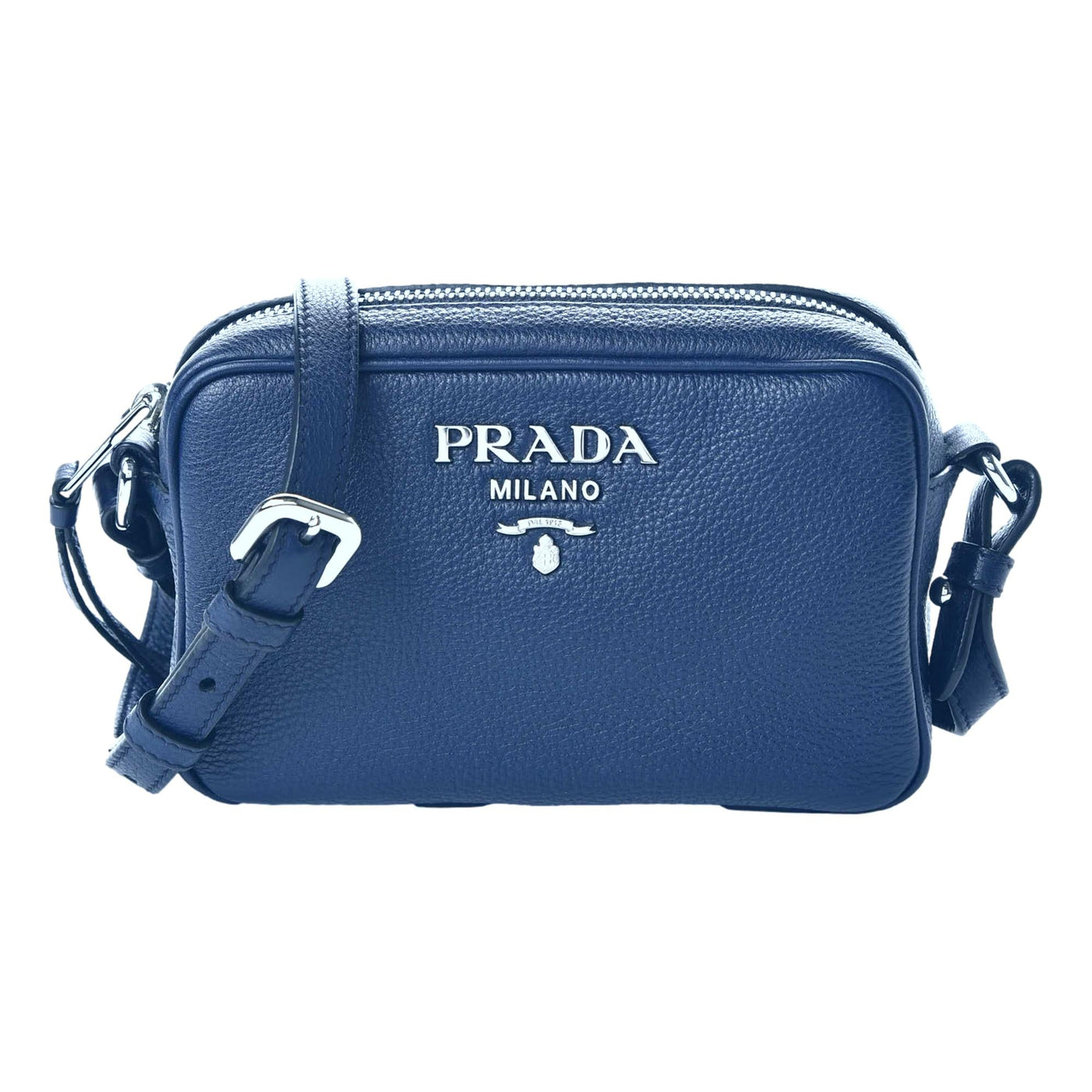 Prada Vitello Phenix Blue Leather Silver Logo Small Camera Crossbody Bag - LUXURYMRKT