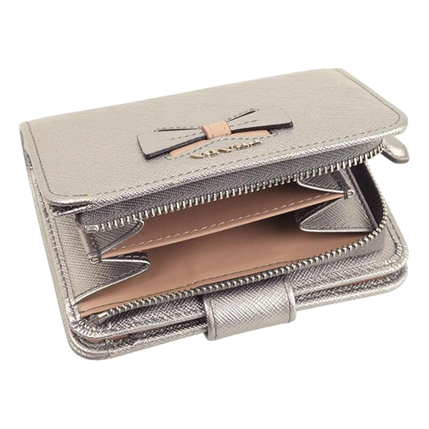 Prada Ribbon Saffiano Metallic Silver and Beige Leather Bifold Wallet - LUXURYMRKT
