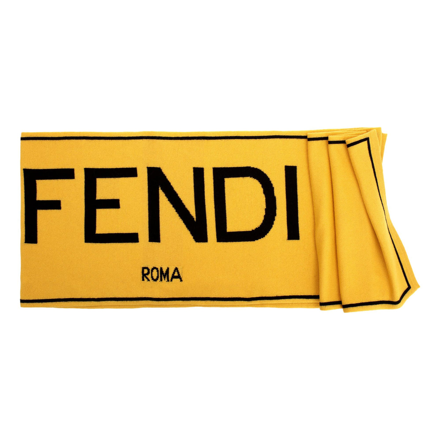 Fendi Roma Knitted Wool & Cashmere Yellow Black Logo Scarf - LUXURYMRKT