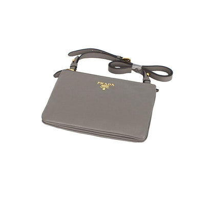 Prada Vitello Phenix Argilla Gray Leather Logo Plaque Crossbody Bag - LUXURYMRKT