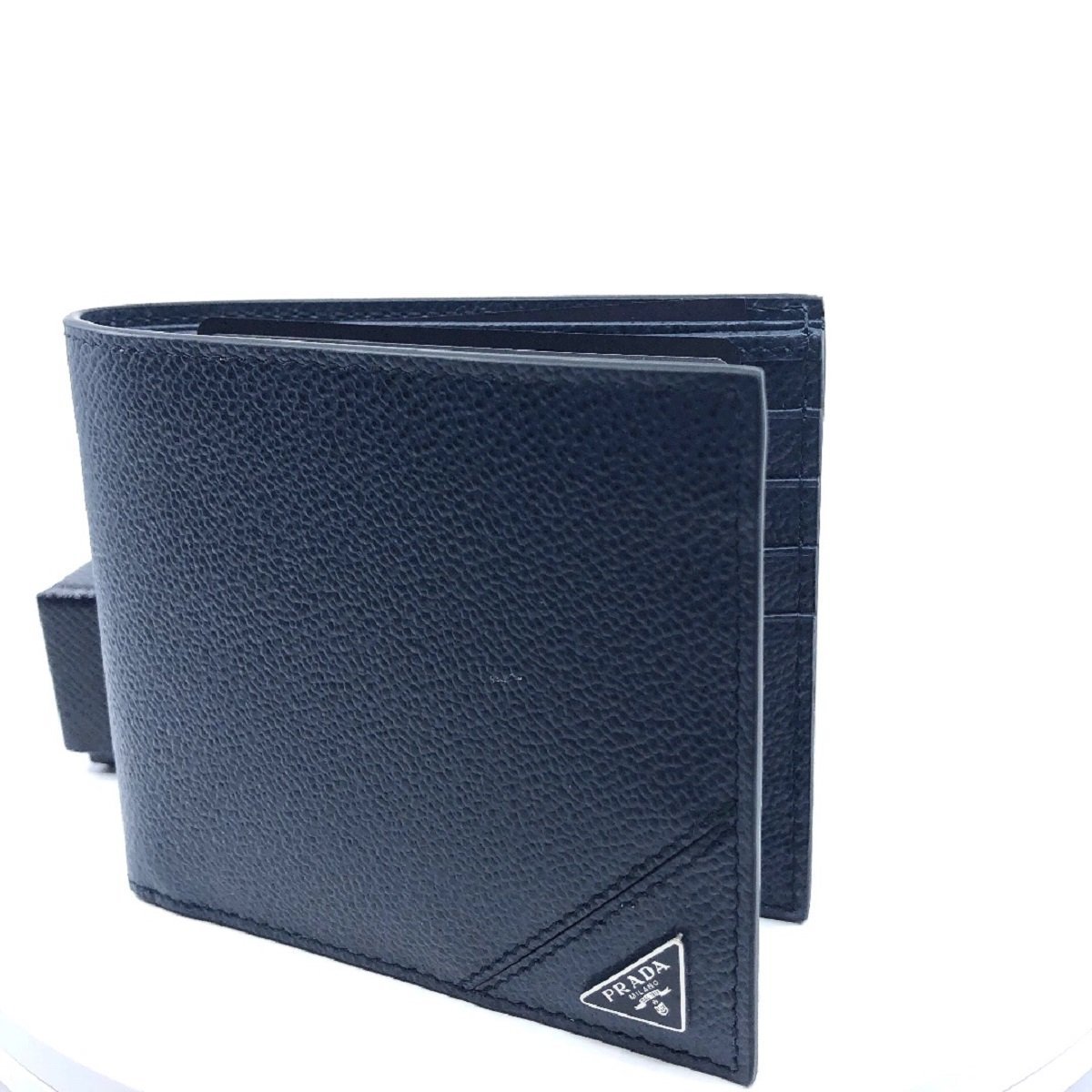 Prada Vitello Micro Grain Navy Blue Leather Triangle Logo Bifold Wallet - LUXURYMRKT