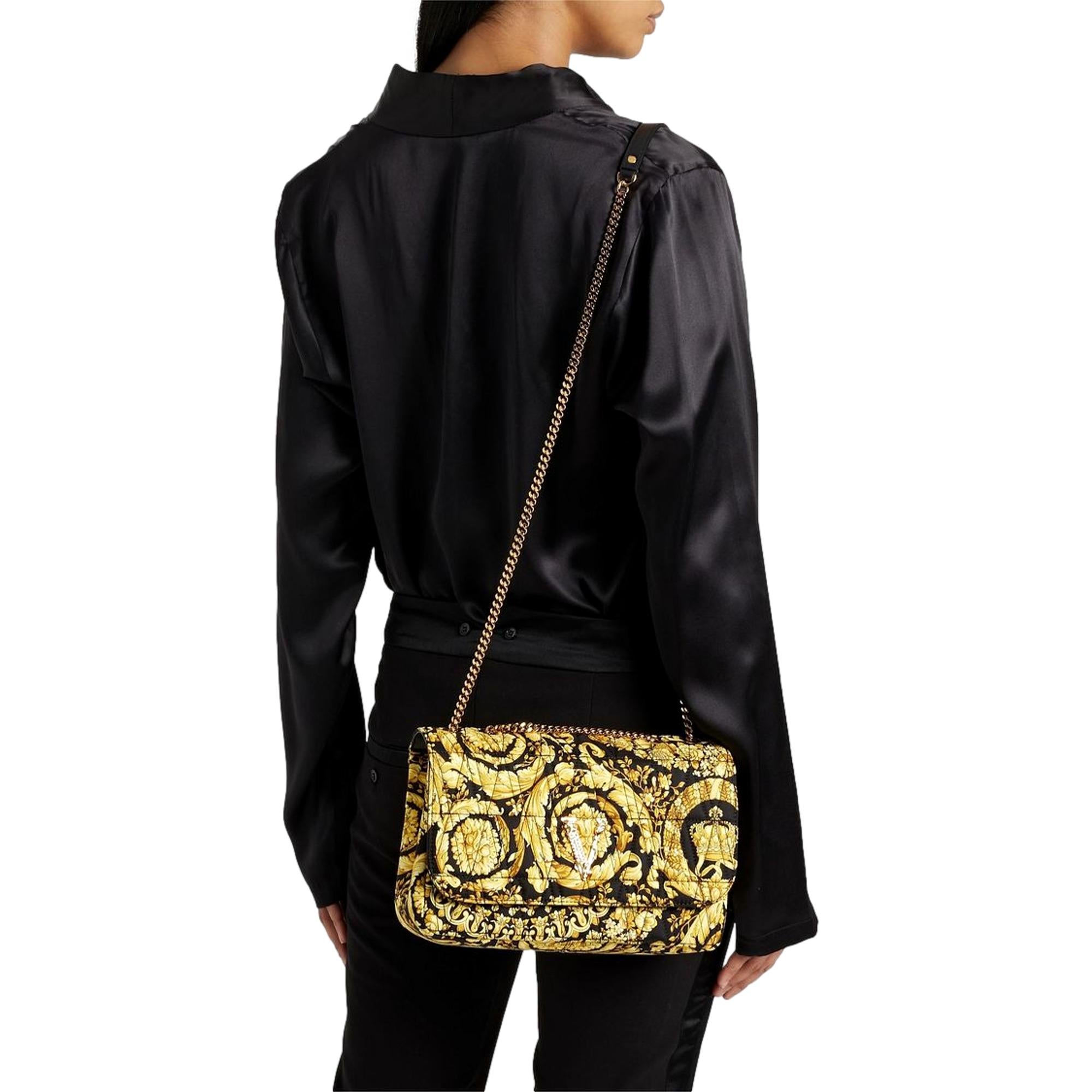 Versace Virtus Barocco Print Quilted Black and Gold Silk Shoulder Bag - LUXURYMRKT