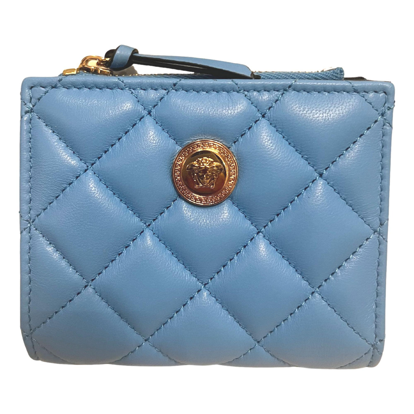 Versace La Medusa Blue Quilted Lamb Leather Compact Snap Wallet - LUXURYMRKT