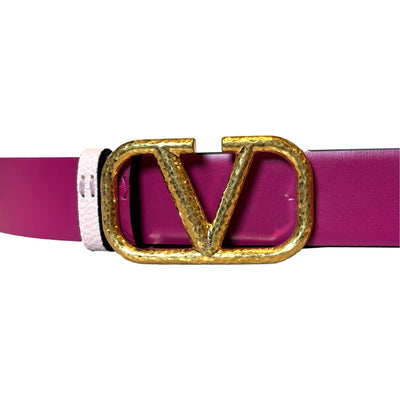 Valentino Garavani VLogo Reversible Belt Size 85 Pink Pebbled Leather - LUXURYMRKT