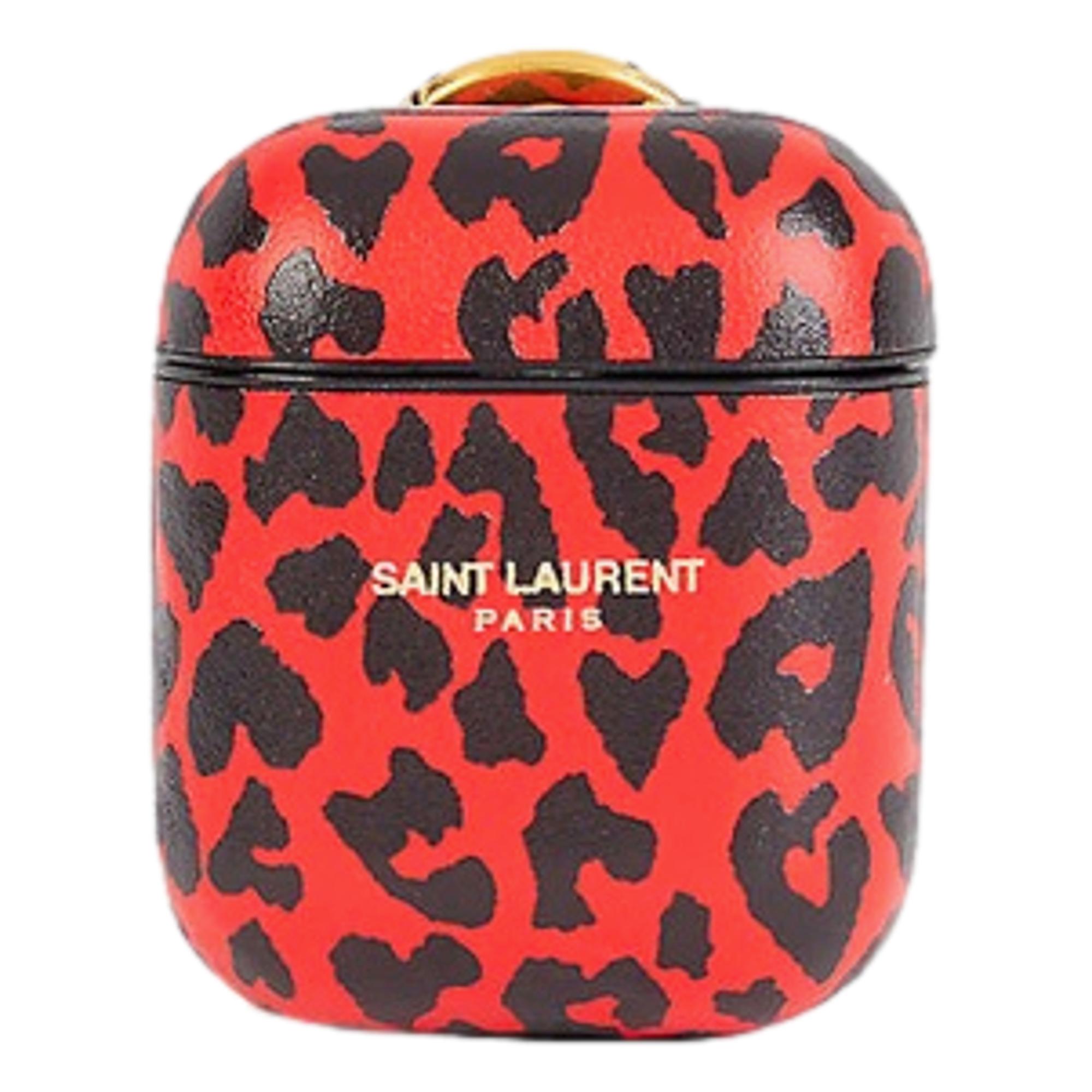 Saint Laurent Leopard Print Black and Red Leather Airpods Case 635662 - LUXURYMRKT