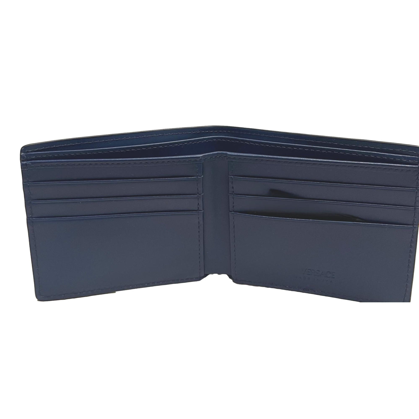 Versace La Medusa Logo Plaque Navy Blue Calf Leather Bifold Wallet - LUXURYMRKT
