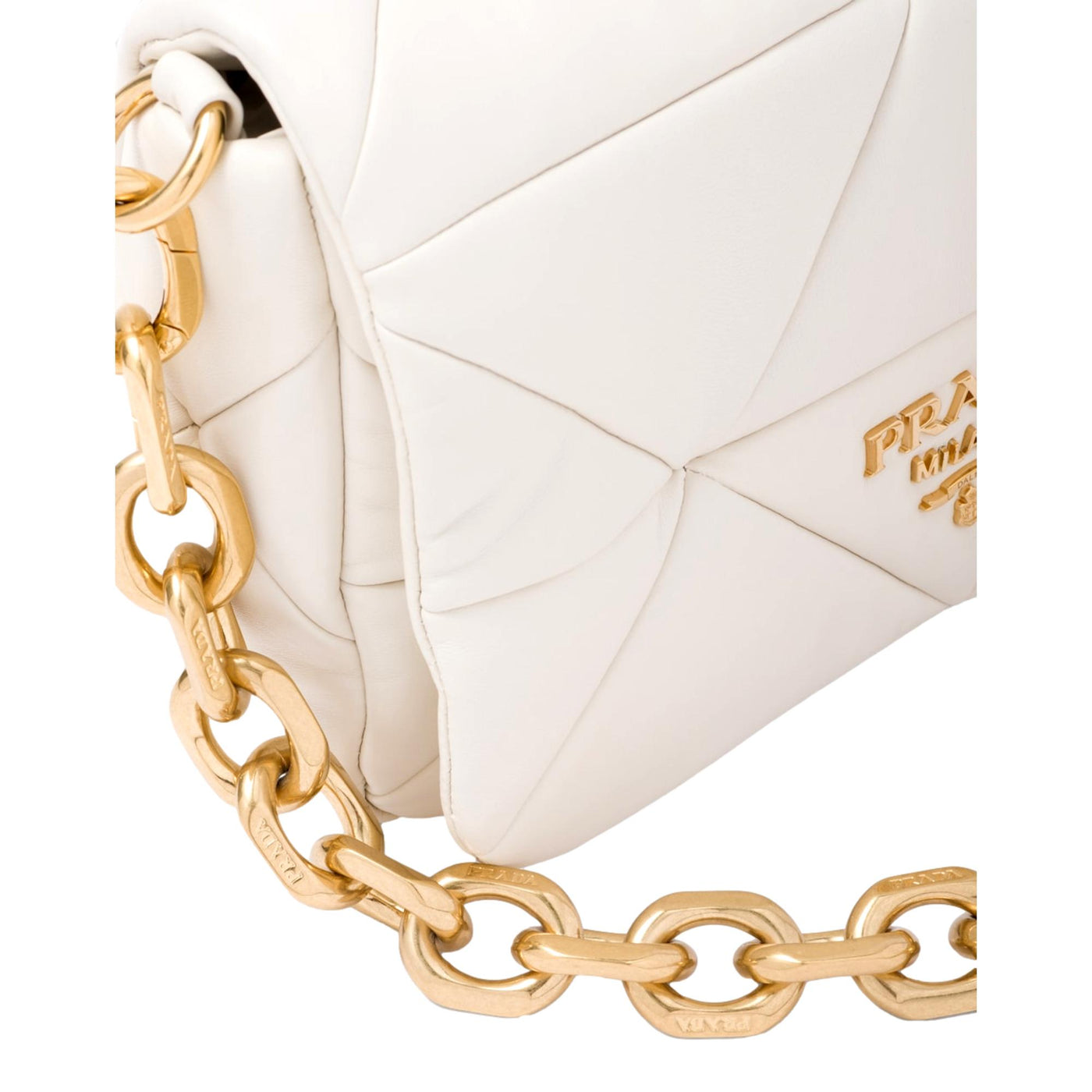 Prada Gold Logo Ivory Quilted Nappa Patch Leather Shoulder Bag - LUXURYMRKT