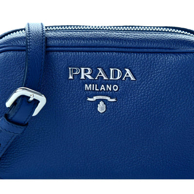 Prada Vitello Phenix Blue Leather Silver Logo Small Camera Crossbody Bag - LUXURYMRKT