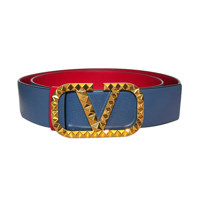 Valentino Garavani VLogo Stud Reversible Belt Size 95 Gray Red Leather - LUXURYMRKT