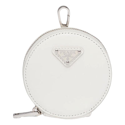 Prada Triangle Plaque Smooth White Leather Round Mini Pouch Keychain - LUXURYMRKT