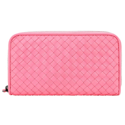 Bottega Veneta Intrecciato Zipper French Calf Leather Wallet Pink - LUXURYMRKT