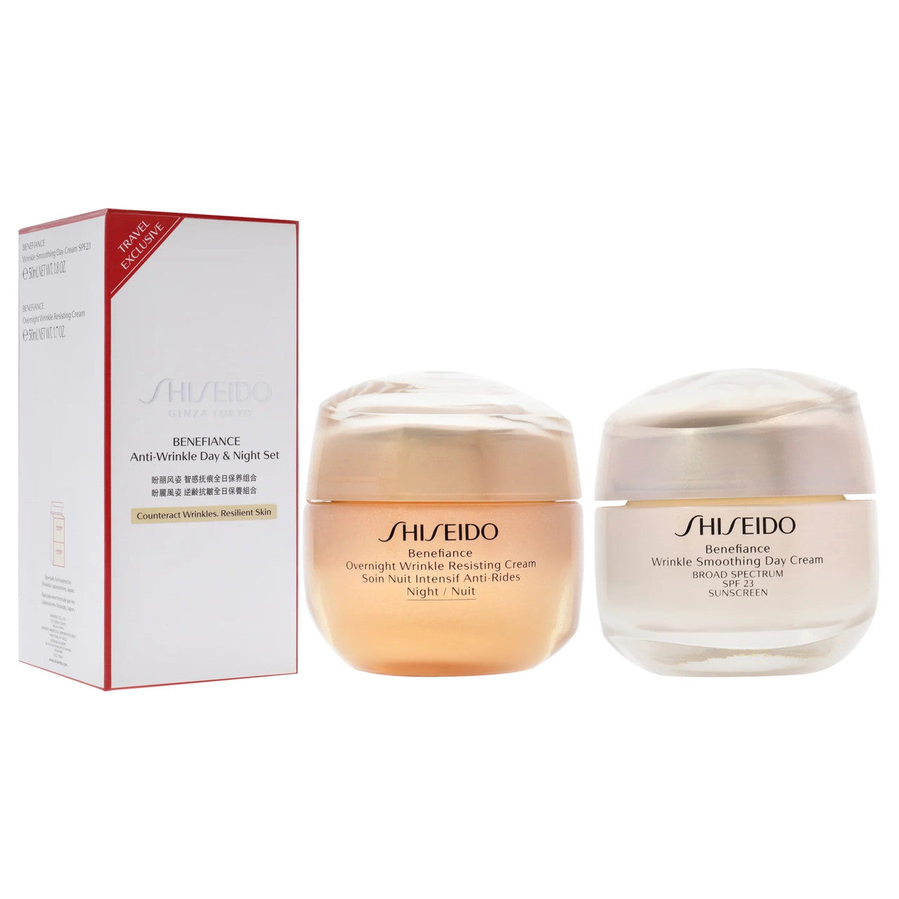 SHISEIDO BENEFIANCE 2 PCS SET: 1.8 WRINKLE SMOOTHING DAY CREAM SPF23 + 1.7 OVERNIGHT WRINKLE RESISTING CREAM- 100% Authentic