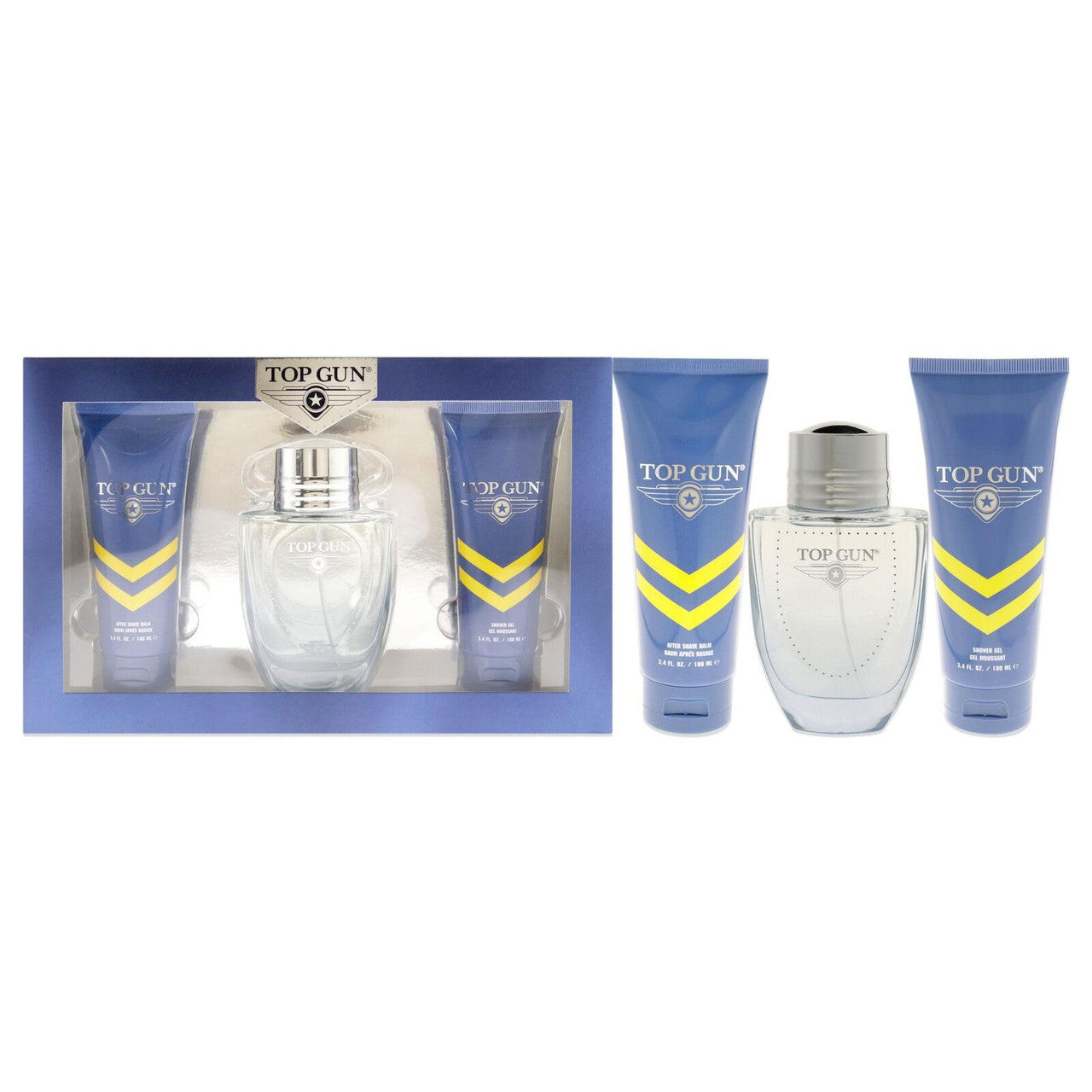 TOP GUN CHEVRON 3 PCS SET FOR MEN: 3.4 EAU DE TOILETTE SPRAY + 3.4 AFTER SHAVE BALM + 3.4 BODY WASH- 100% Authentic