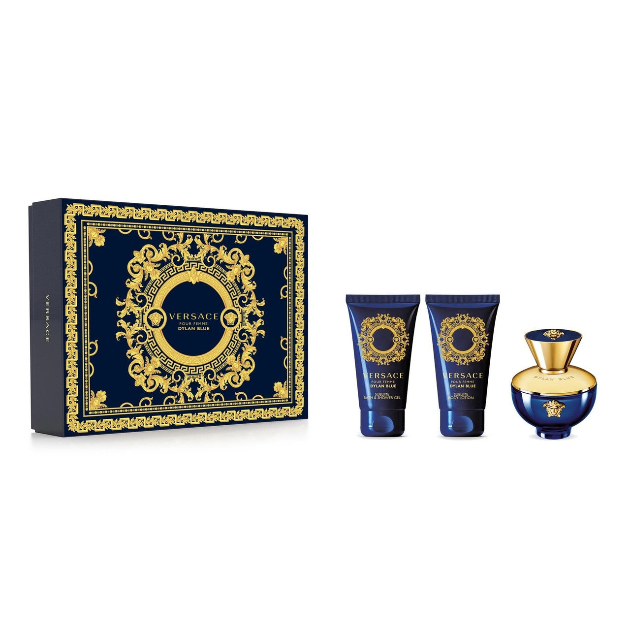 VERSACE DYLAN BLUE 3 PCS SET FOR WOMEN: 1.7 EAU DE PARFUM SPRAY + 1.7 BATH & SHOWER GEL + 1.7 BODY LOTION- 100% Authentic