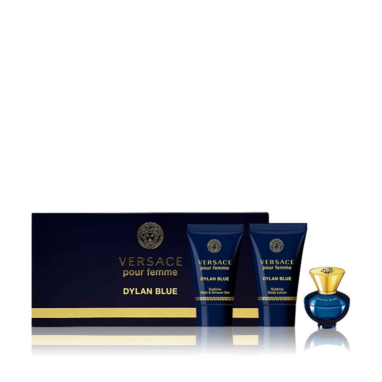 VERSACE DYLAN BLUE 3 PCS SET FOR WOMEN: 5 ML EAU DE PARFUM MINI + 0.8 SUBLIME BATH AND SHOWER GEL + 0.8 SUBLIME BODY LOTION- 100% Authentic