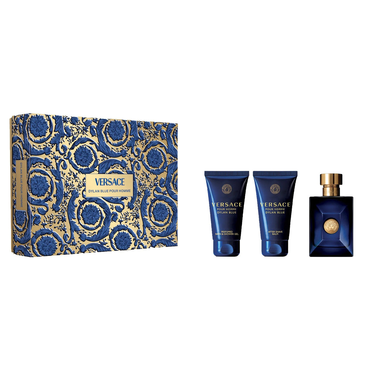 VERSACE DYLAN BLUE 3 PCS SET FOR MEN: 1.7 EAU DE TOILETTE SPRAY + 1.7 BATH AND SHOWER GEL + 1.7 AFTER SHAVE BALM- 100% Authentic