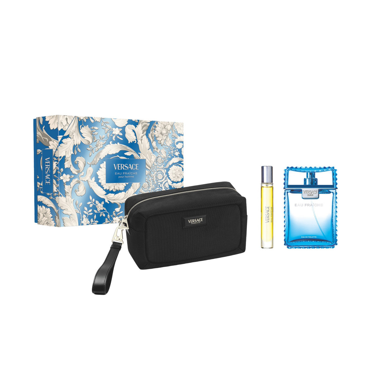 VERSACE EAU FRAICHE 3 PCS SET FOR MEN: 3.4 EAU DE TOILETTE SPRAY + 0.33 EAU DE TOILETTE SPRAY + BLACK POUCH- 100% Authentic