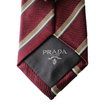 Prada Mens Silk Tie Bordeaux Red Striped Pattern UCR75 - LUXURYMRKT