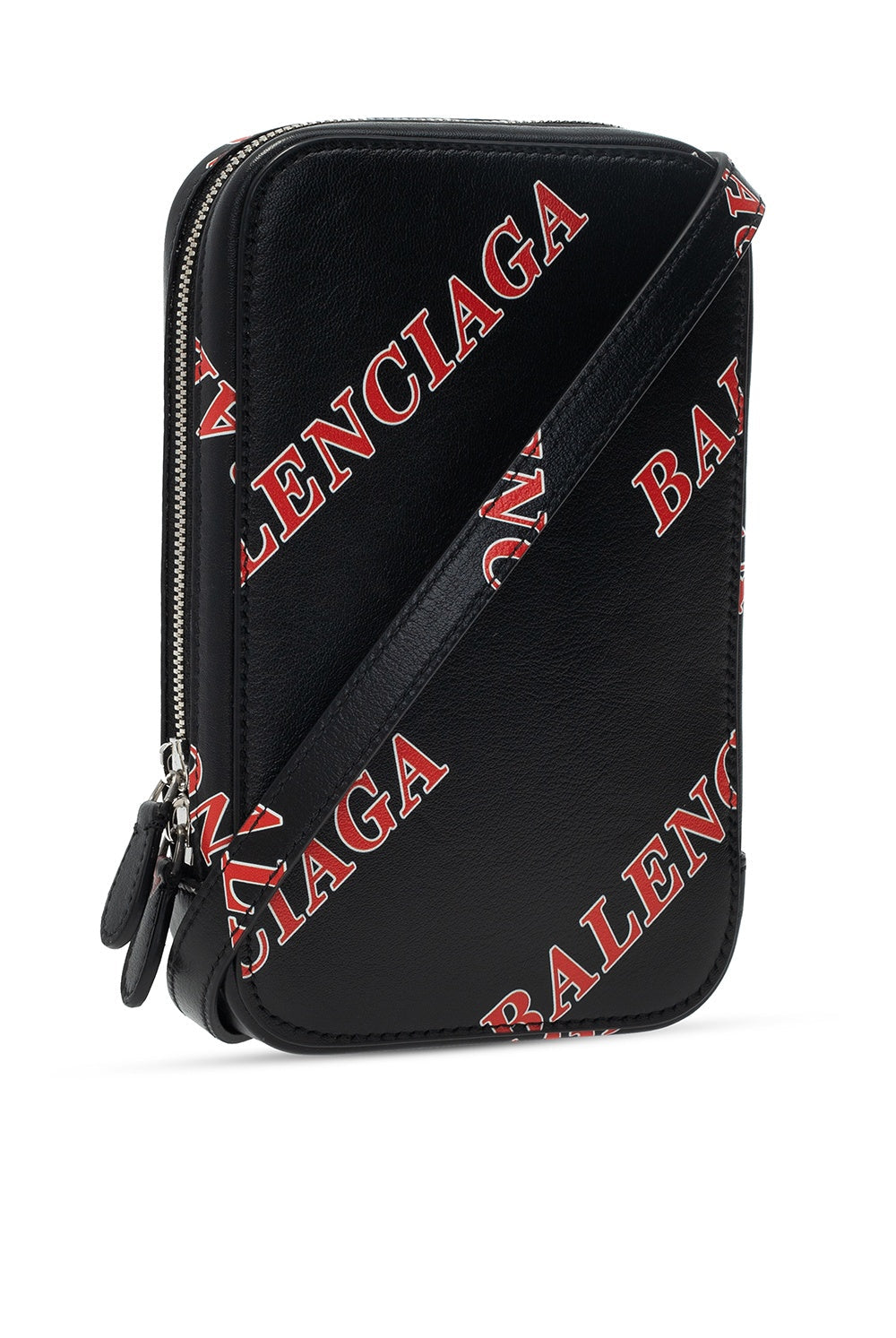 Balenciaga Black Calfskin Leather Sport Print Phone Holder Bag - LUXURYMRKT