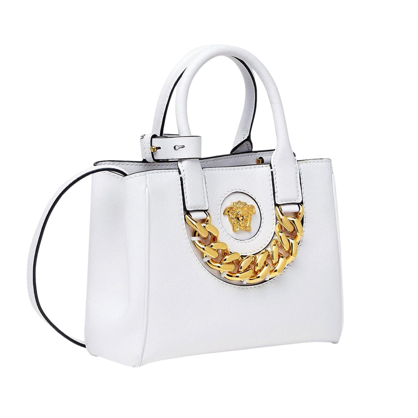 Versace La Medusa Gold Plaque White Leather Small Crossbody Tote Bag - LUXURYMRKT