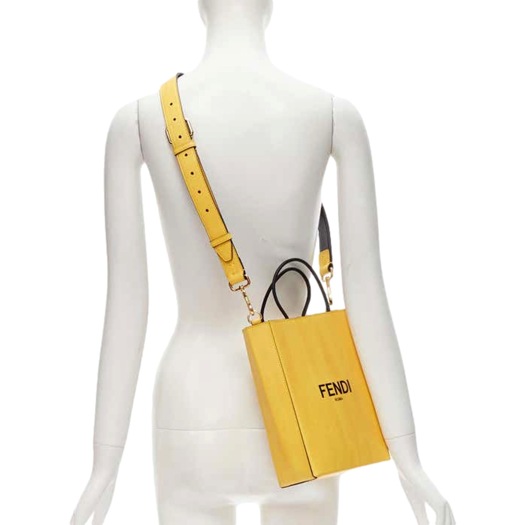 Fendi Roma 2Way Vitello Embossed Yellow Leather Crossbody Shopping Tote Bag