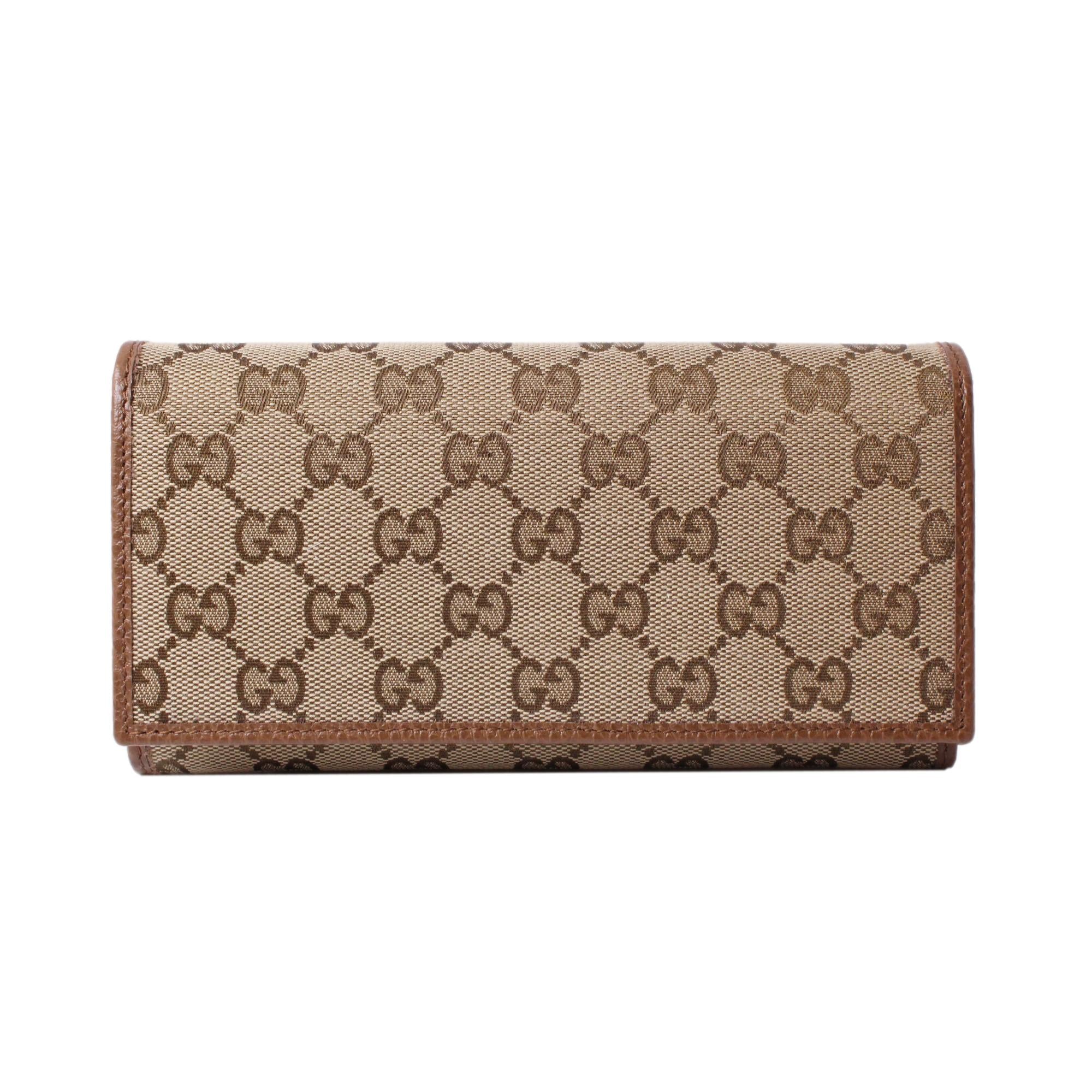 Gucci Original Beige GG Canvas Brown Leather Trim Long Wallet - LUXURYMRKT