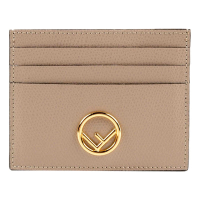 Fendi F Logo Beige Leather Card Case Wallet - LUXURYMRKT