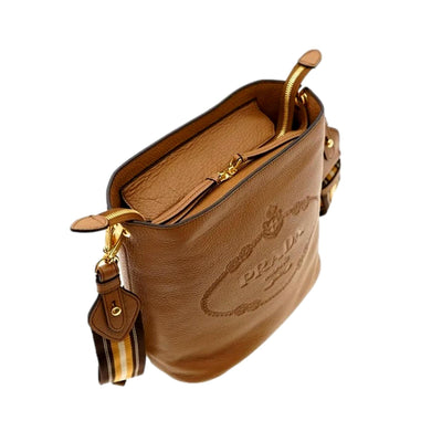 Prada Vitello Phenix Bucket Crossbody Bag Caramel Brown Web Strap - LUXURYMRKT
