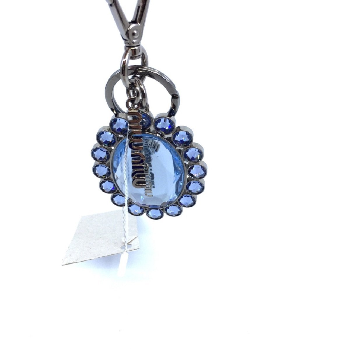 Miu Miu Trick Metallo Oval Crystal Blue Plex Charm Key Chain Key Ring - LUXURYMRKT