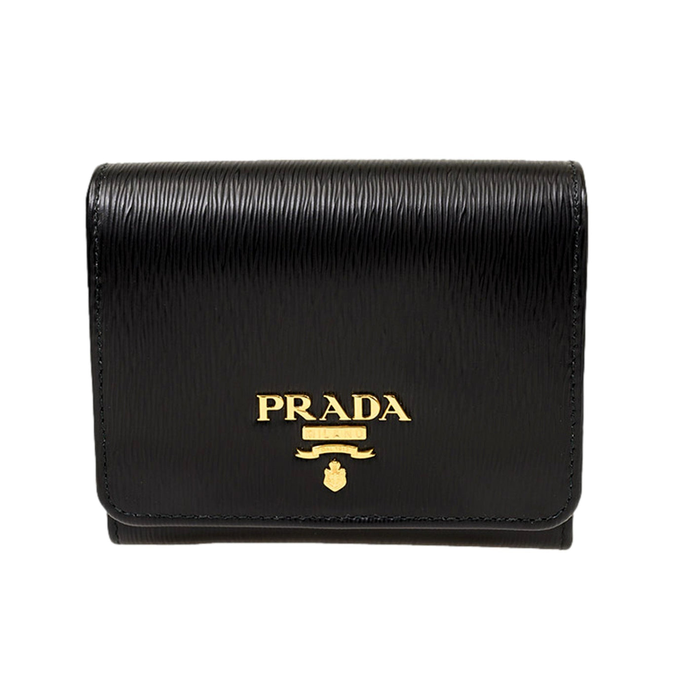 Prada Vitello Move Trifold Compact Wallet Black Leather Logo Plaque - LUXURYMRKT