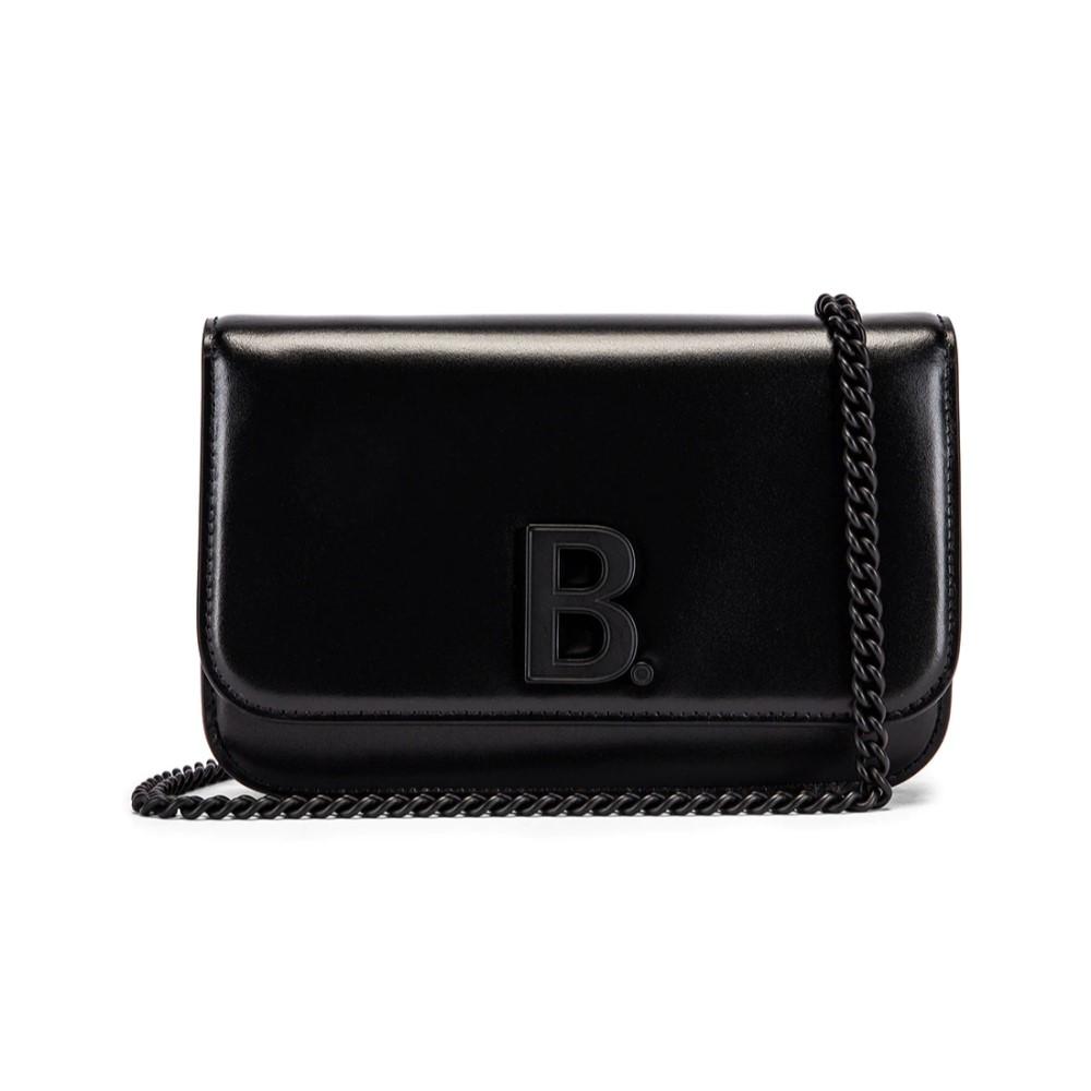 Balenciaga Black Shiny Calfskin Leather Chain Wallet Shoulder Bag - LUXURYMRKT