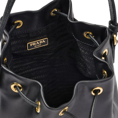 Prada Black Glace Calf Leather Logo Small Bucket Crossbody Bag - LUXURYMRKT