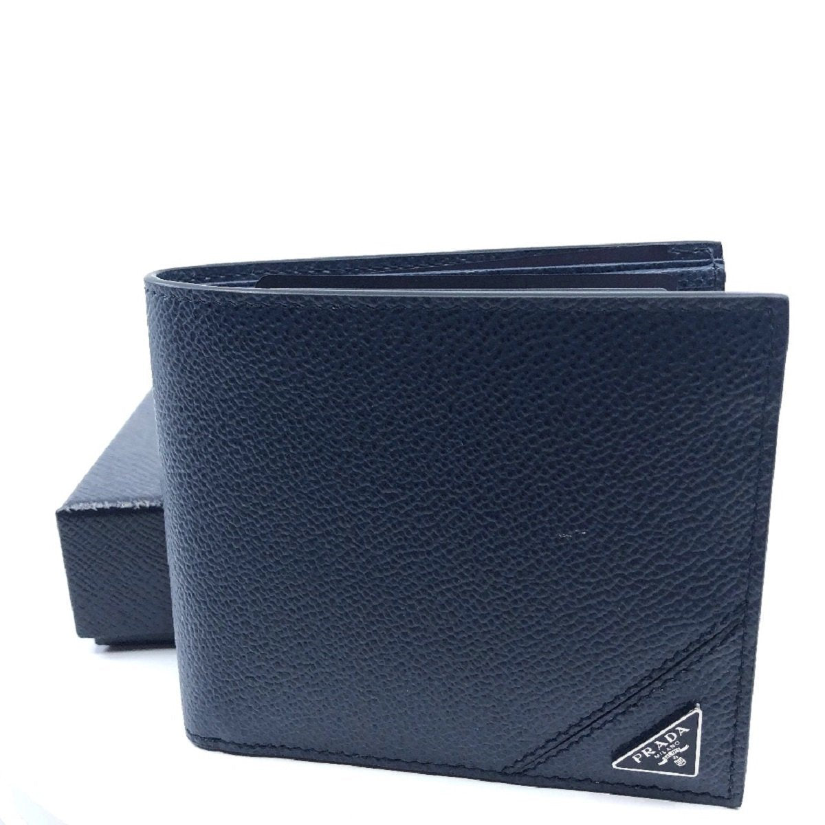 Prada Vitello Micro Grain Navy Blue Leather Triangle Logo Bifold Wallet - LUXURYMRKT