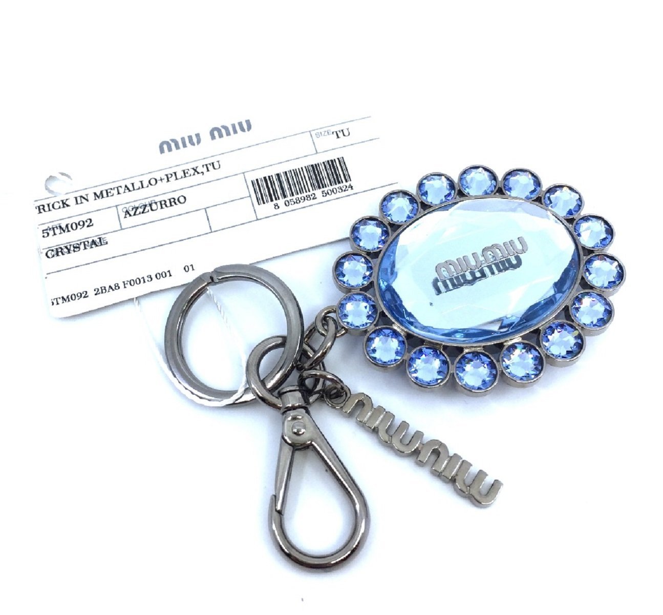 Miu Miu Trick Metallo Oval Crystal Blue Plex Charm Key Chain Key Ring 5TM092 - LUXURYMRKT