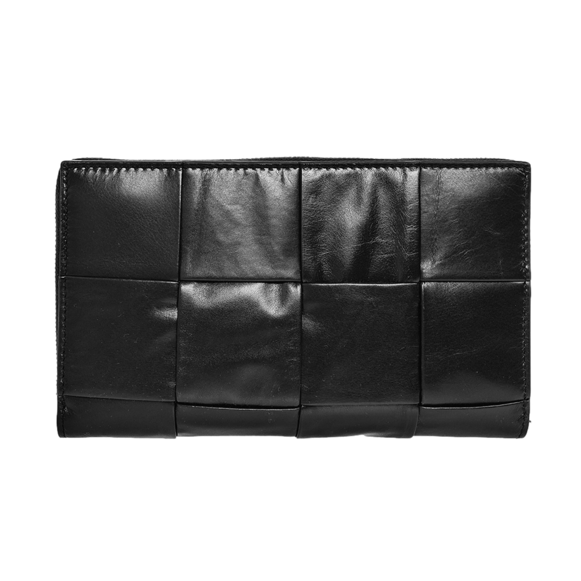 Bottega Veneta Intrecciato Cassette Black Leather Zip Around Continental Calfskin Wallet - LUXURYMRKT