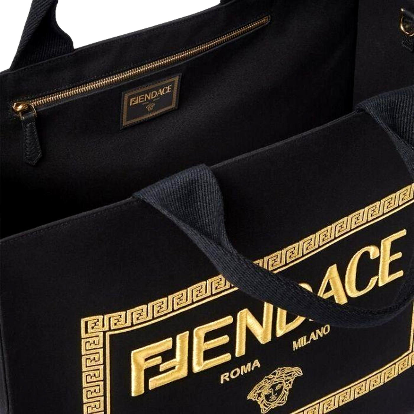 Fendi x Versace Fendace Black Canvas Convertible Large Shopping Tote - LUXURYMRKT