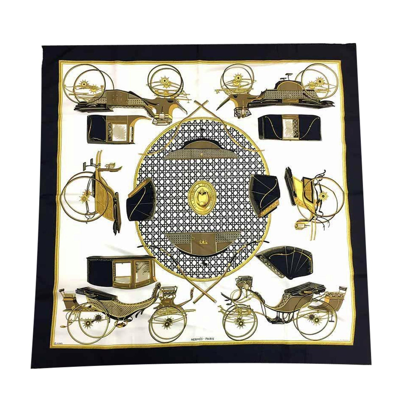 Hermes Les Voitures A Transformation Black and Gold Carriages Silk Scarf - LUXURYMRKT