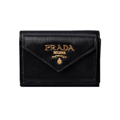 Prada Womens Vitello Move Black Leather Compact Envelope Trifold Wallet - LUXURYMRKT