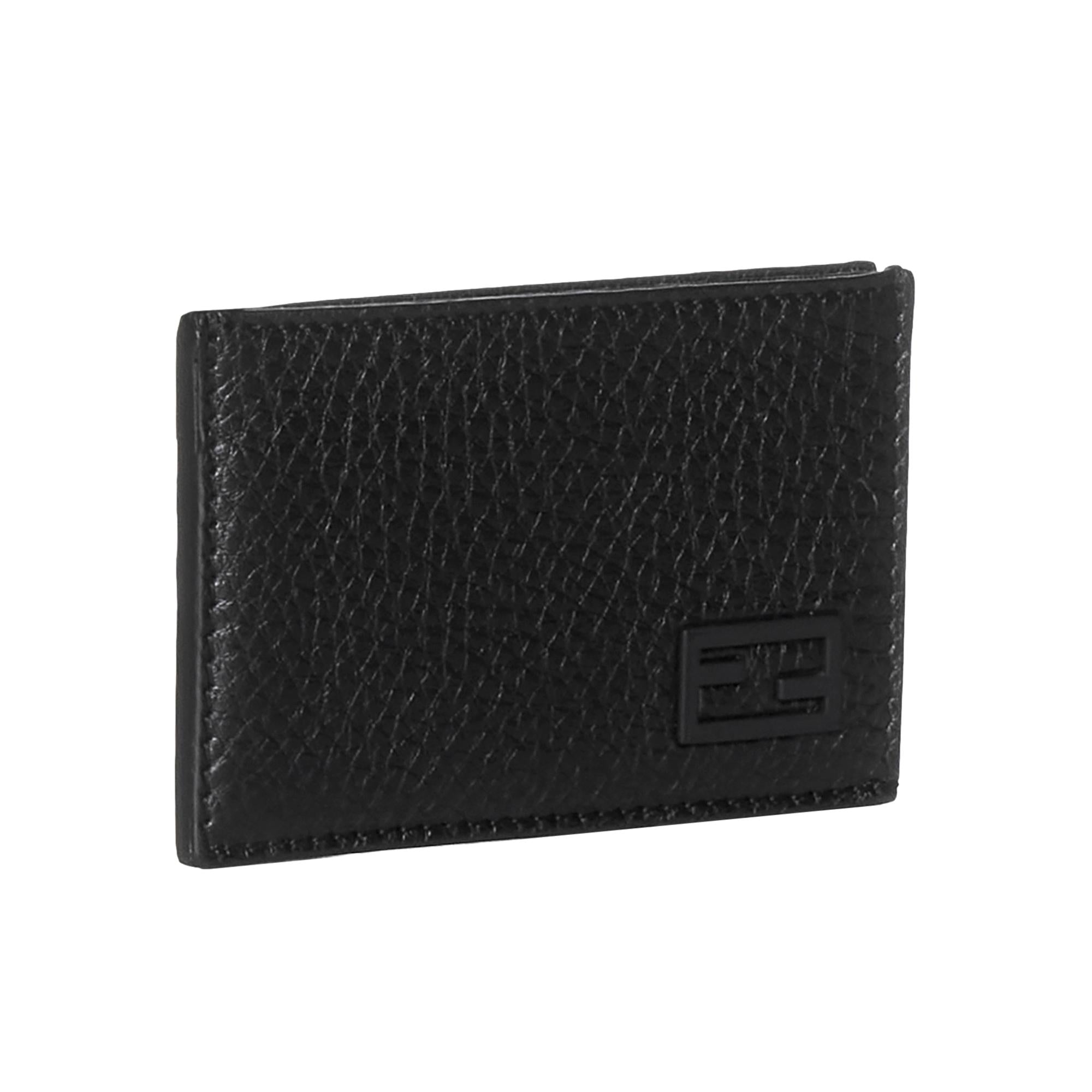 Fendi FF Logo Plaque Black Grain Leather Slim Cardholder Wallet - LUXURYMRKT