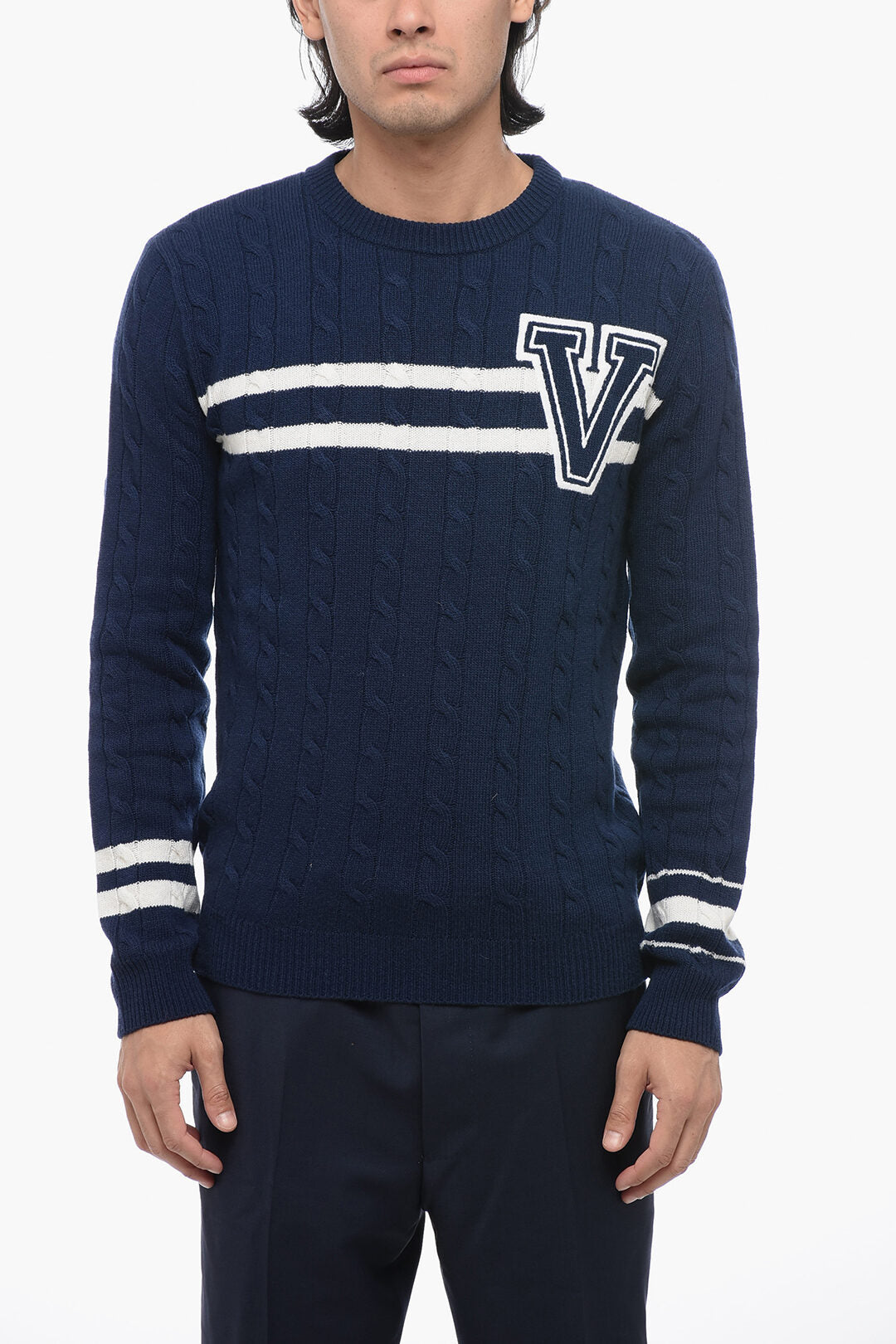 Valentino Crew Neck Aran Wool Sweater with Embroidered Logo