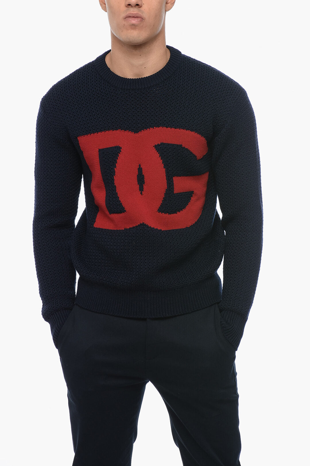 Dolce & Gabbana Crew Neck Virgin Wool Sweater with Jacquard Logo