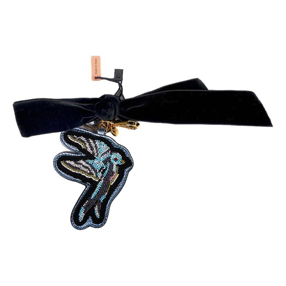 Miu Miu Trick Plex Blason Beaded Blue Bird Black Velvet Bow Keyring 5TL217 - LUXURYMRKT