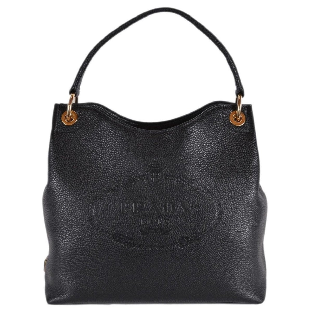 Prada Vitello Phenix Black Leather Embossed Logo Hobo Tote Bag - LUXURYMRKT
