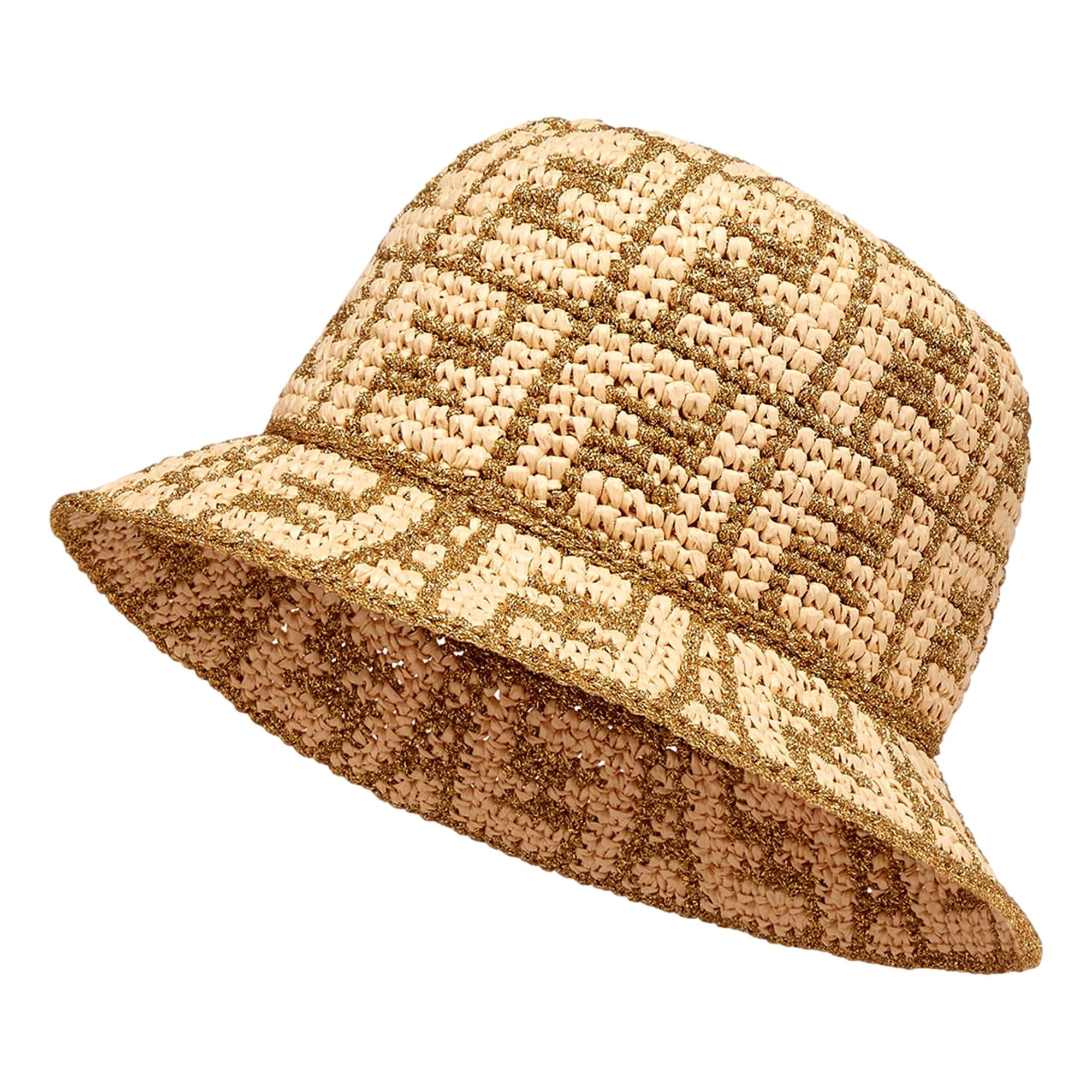 Fendi FF Motif Woven Metallic Gold and Natural Raffia Crochet Bucket Hat