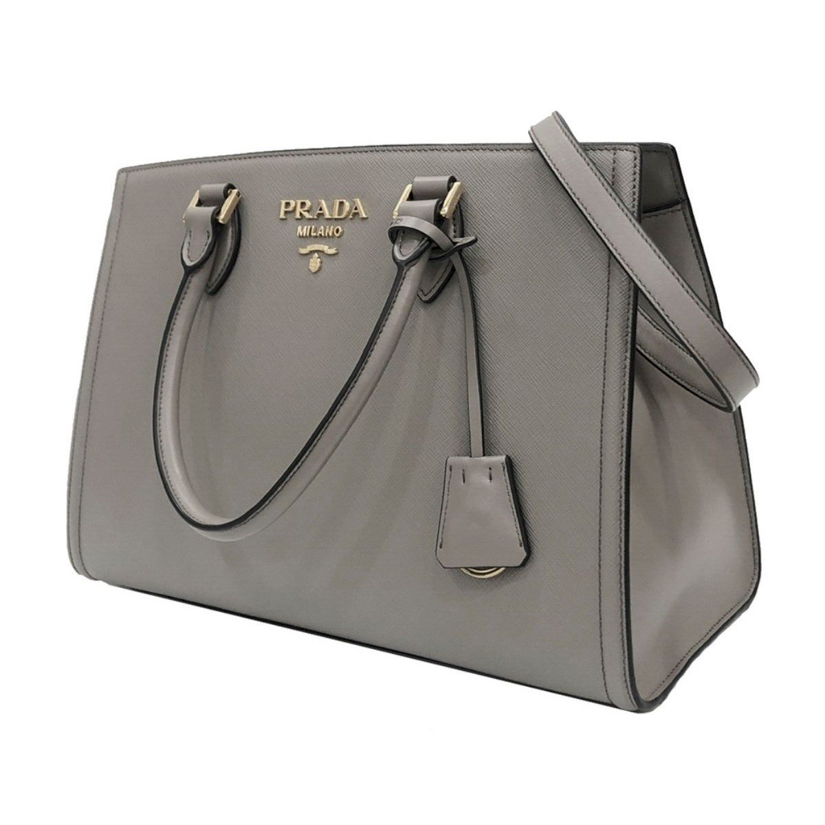 Prada Argilla Gray Saffiano Lux Leather Large Satchel Handbag - LUXURYMRKT