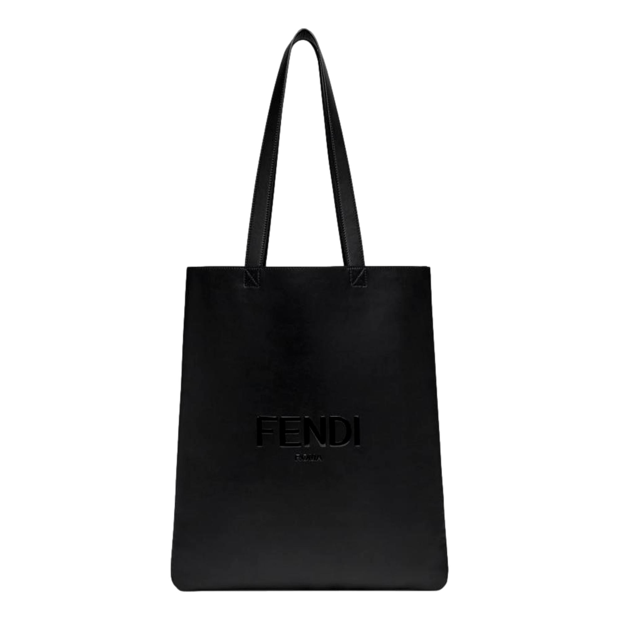 Fendi Roma Embossed Logo Black Calf Leather Large Shopping Tote Bag - LUXURYMRKT