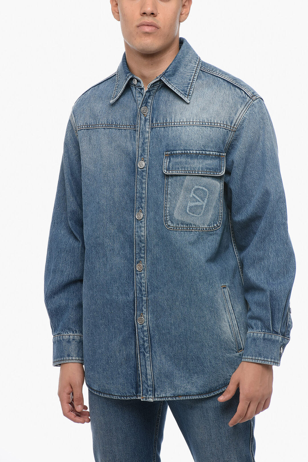 Valentino Denim Overshirt with Logoed Breast-pocket