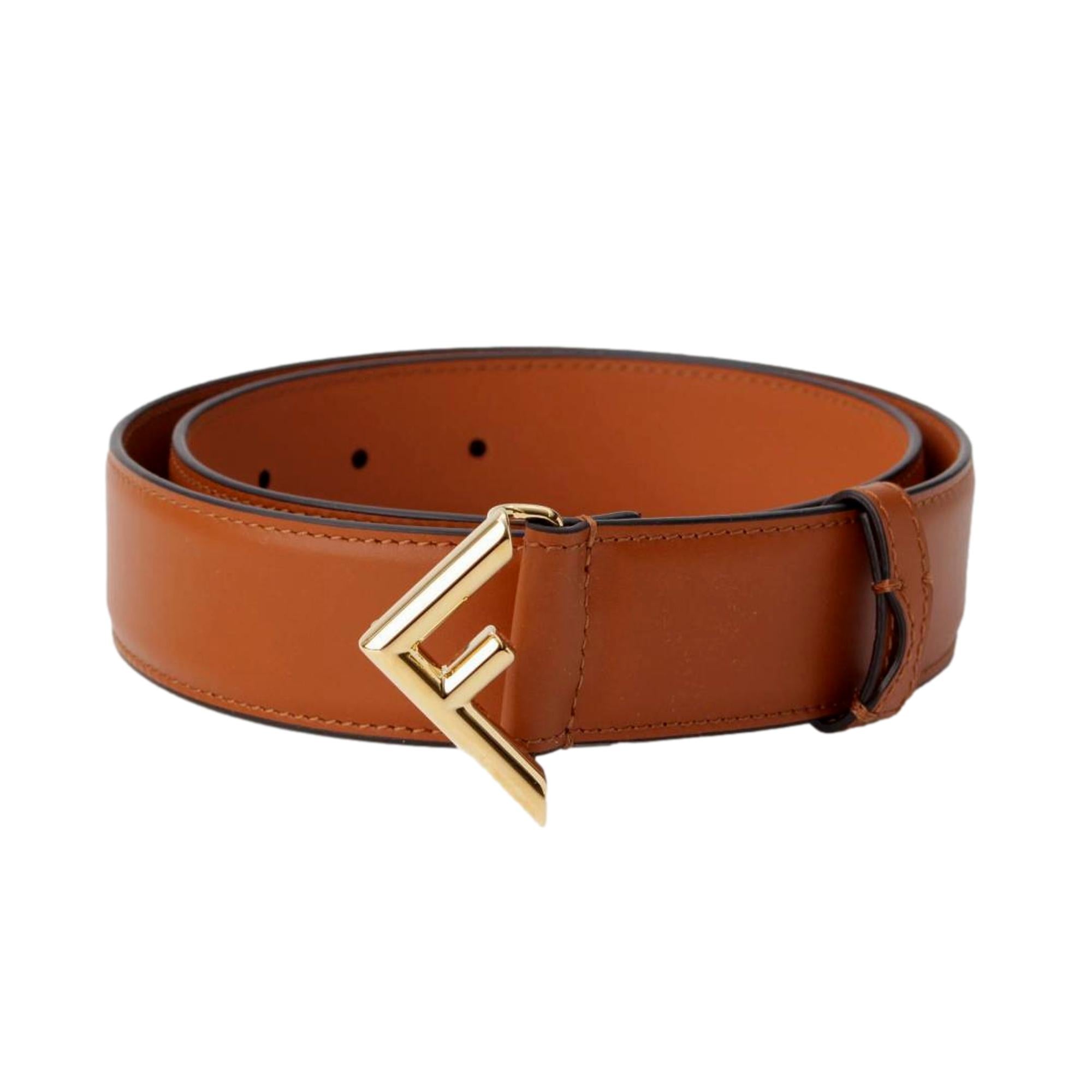 Fendi First Gold Logo Cuoio Brown Calf Leather Belt Size 90 - LUXURYMRKT