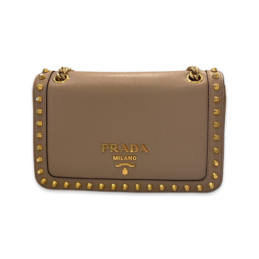 Prada Pattina Glace Calf Leather Cammeo Beige Gold Studded Bag - LUXURYMRKT