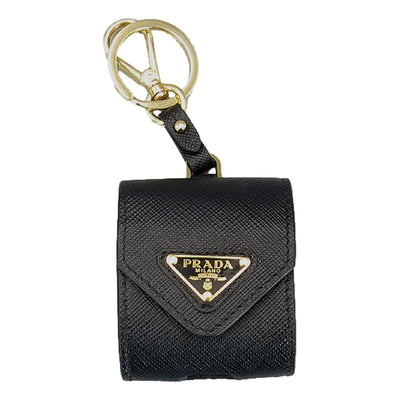 Prada Triangle Saffiano Black Leather Airpod Case with Key Ring - LUXURYMRKT